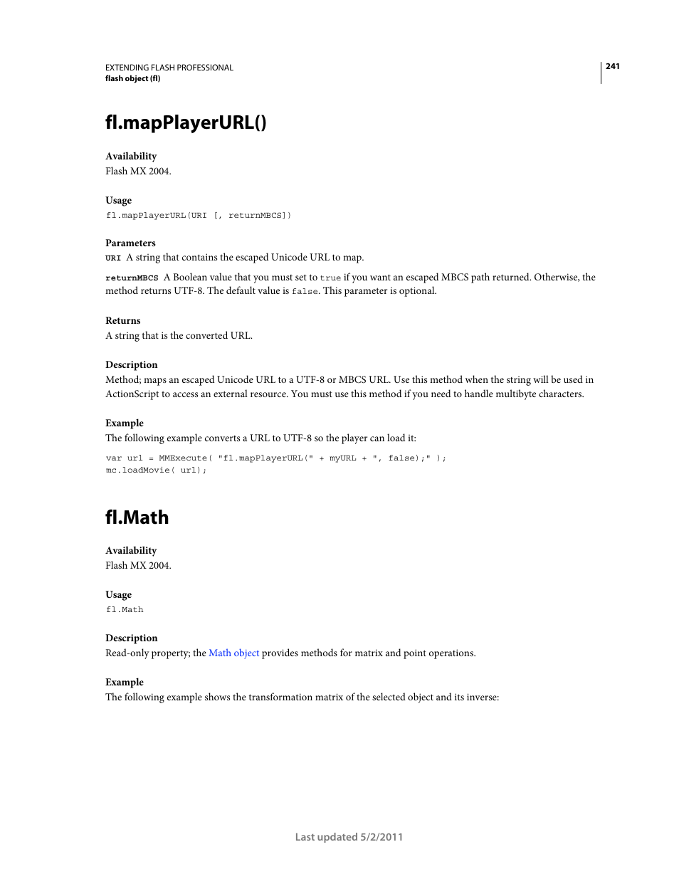 Fl.mapplayerurl(), Fl.math | Adobe Extending Flash Professional CS5 User Manual | Page 263 / 565