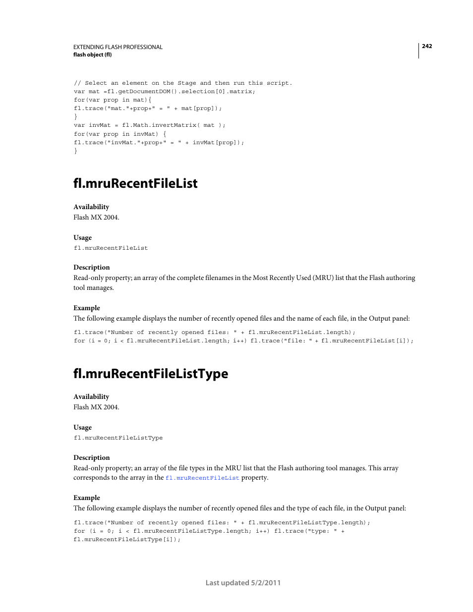 Fl.mrurecentfilelist, Fl.mrurecentfilelisttype | Adobe Extending Flash Professional CS5 User Manual | Page 264 / 565