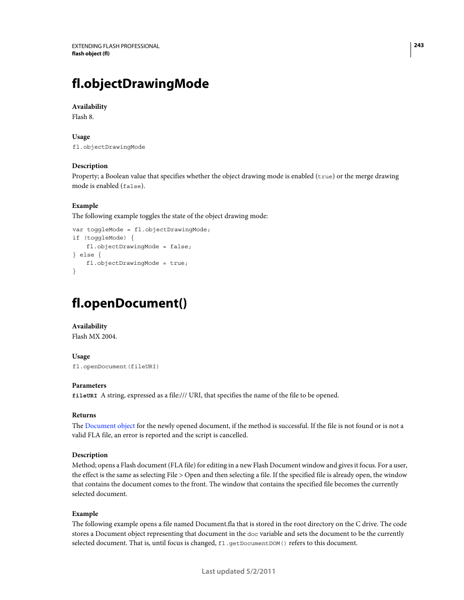 Fl.objectdrawingmode, Fl.opendocument() | Adobe Extending Flash Professional CS5 User Manual | Page 265 / 565