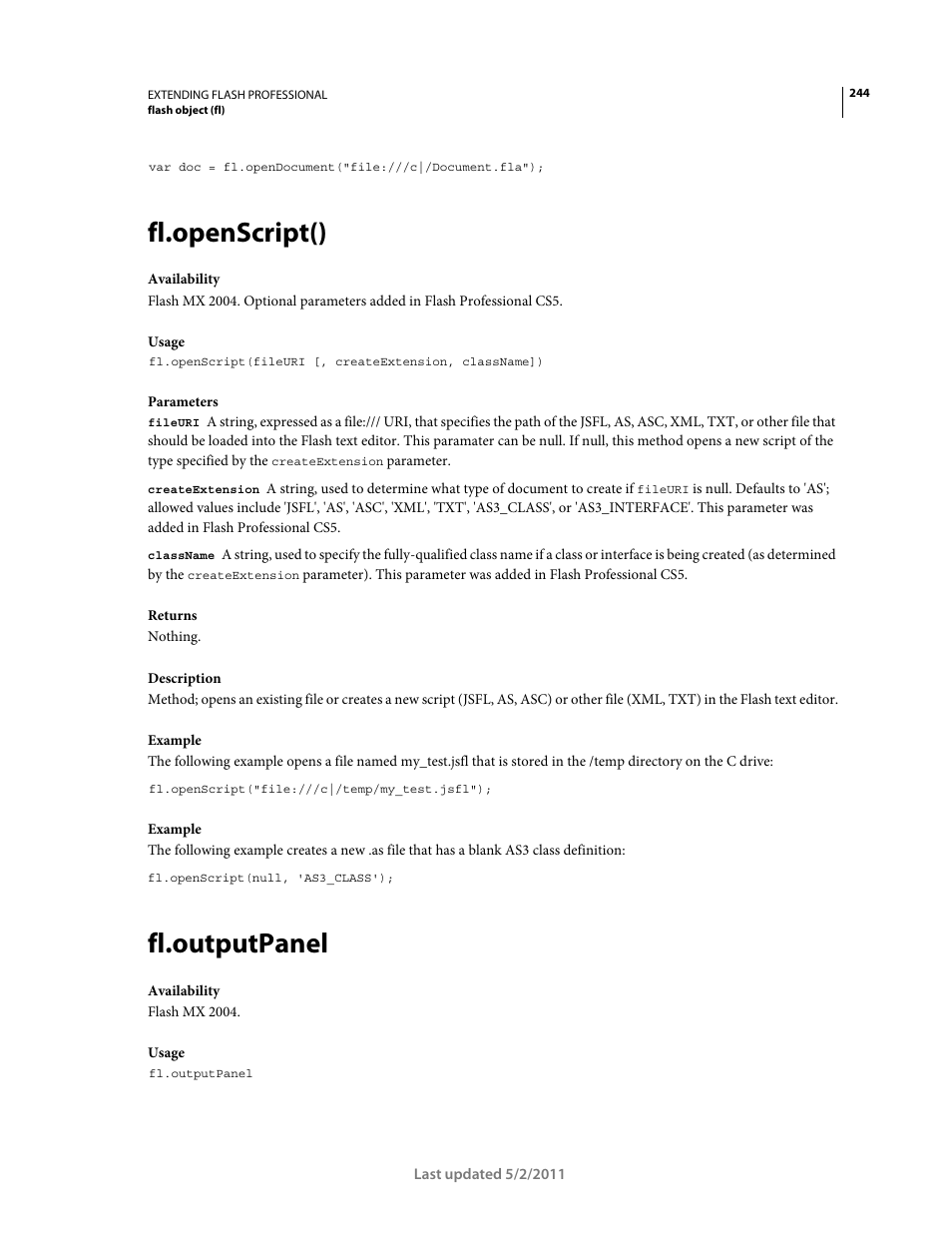 Fl.openscript(), Fl.outputpanel | Adobe Extending Flash Professional CS5 User Manual | Page 266 / 565