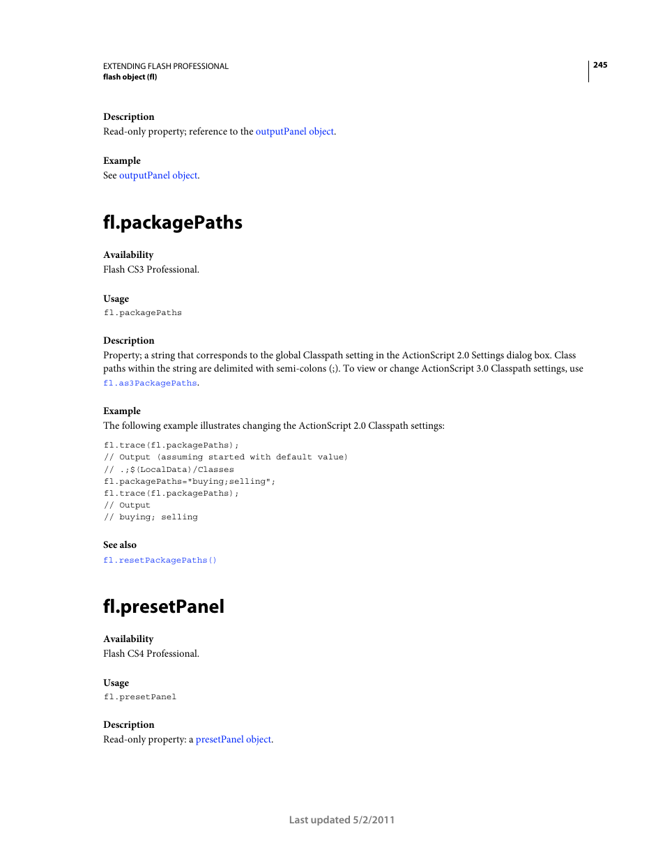 Fl.packagepaths, Fl.presetpanel | Adobe Extending Flash Professional CS5 User Manual | Page 267 / 565