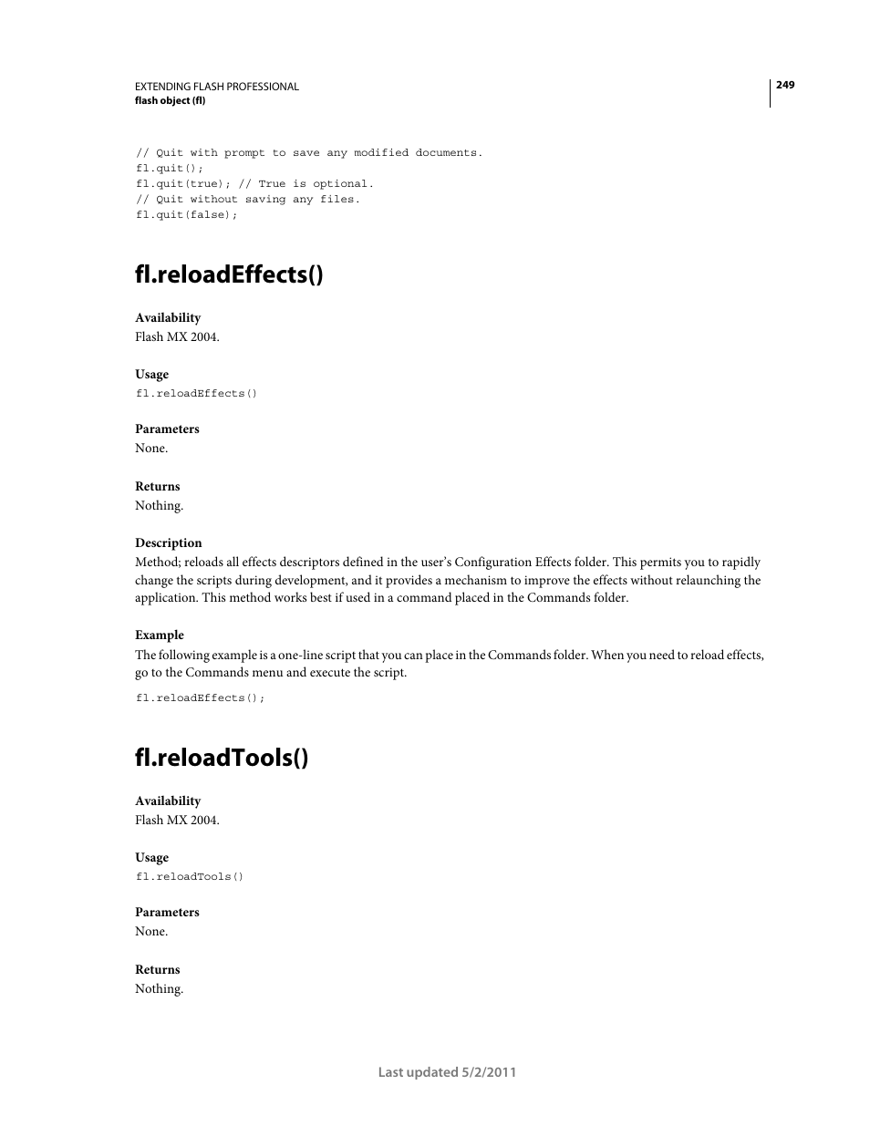 Fl.reloadeffects(), Fl.reloadtools() | Adobe Extending Flash Professional CS5 User Manual | Page 271 / 565