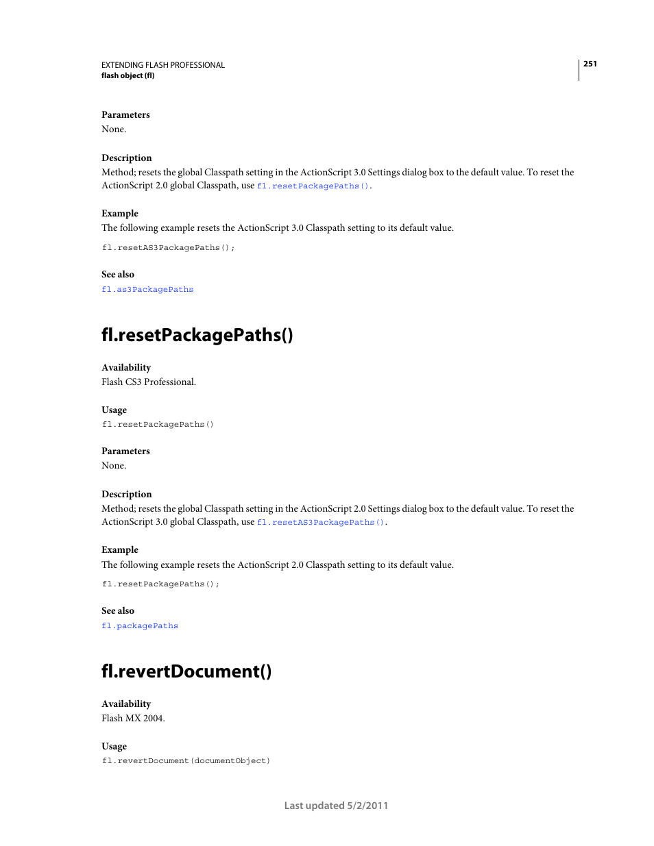 Fl.resetpackagepaths(), Fl.revertdocument(), Method successfully | Adobe Extending Flash Professional CS5 User Manual | Page 273 / 565