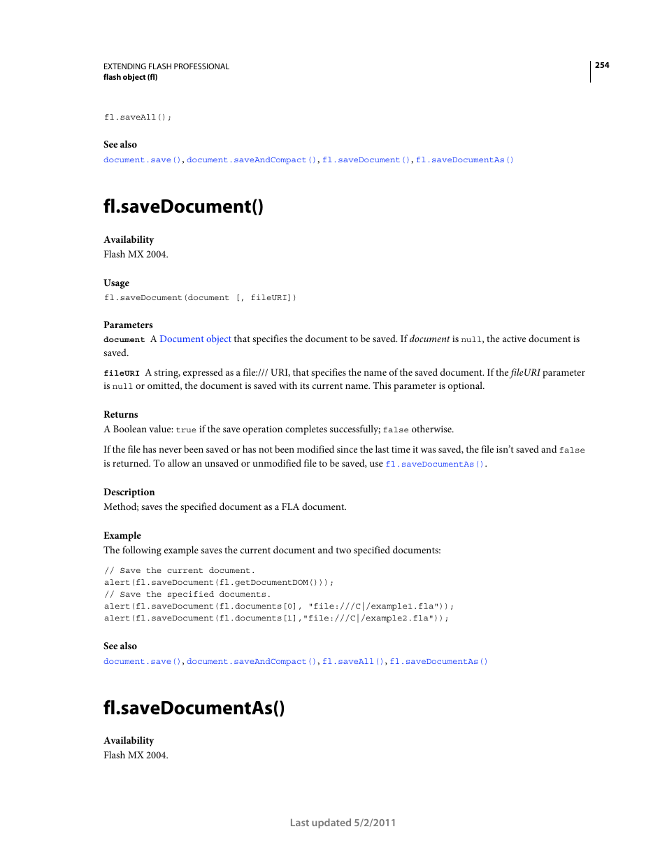 Fl.savedocument(), Fl.savedocumentas() | Adobe Extending Flash Professional CS5 User Manual | Page 276 / 565