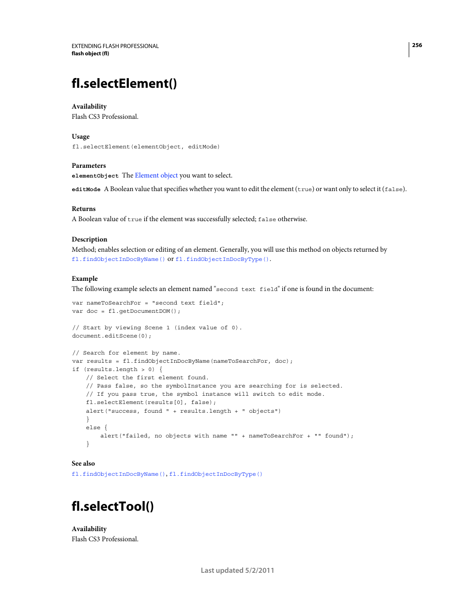 Fl.selectelement(), Fl.selecttool() | Adobe Extending Flash Professional CS5 User Manual | Page 278 / 565