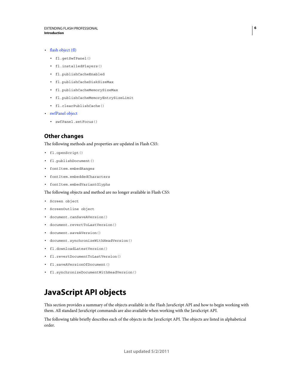 Other changes, Javascript api objects, Javascript api | Objects | Adobe Extending Flash Professional CS5 User Manual | Page 28 / 565