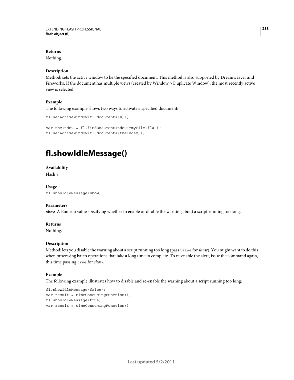 Fl.showidlemessage() | Adobe Extending Flash Professional CS5 User Manual | Page 280 / 565