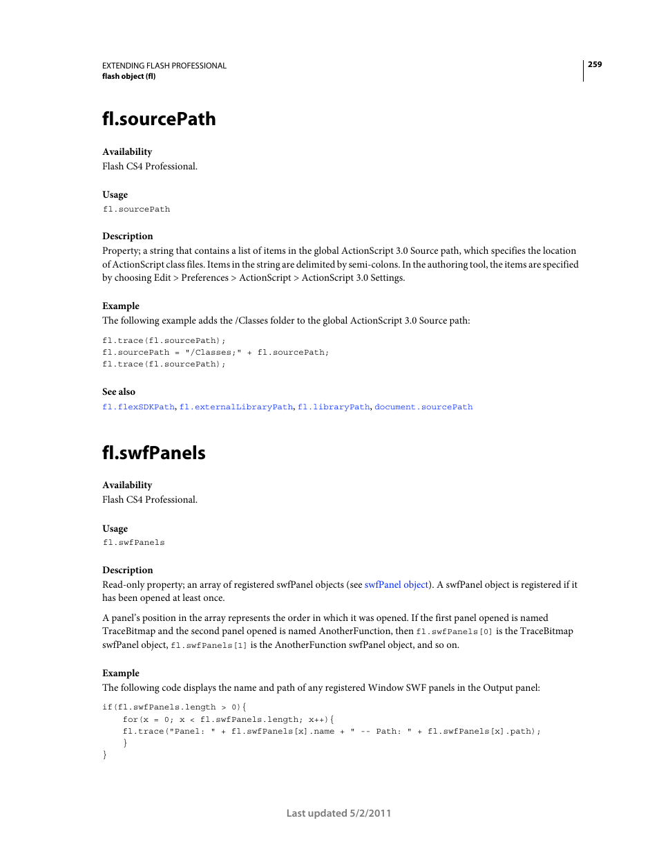 Fl.sourcepath, Fl.swfpanels | Adobe Extending Flash Professional CS5 User Manual | Page 281 / 565