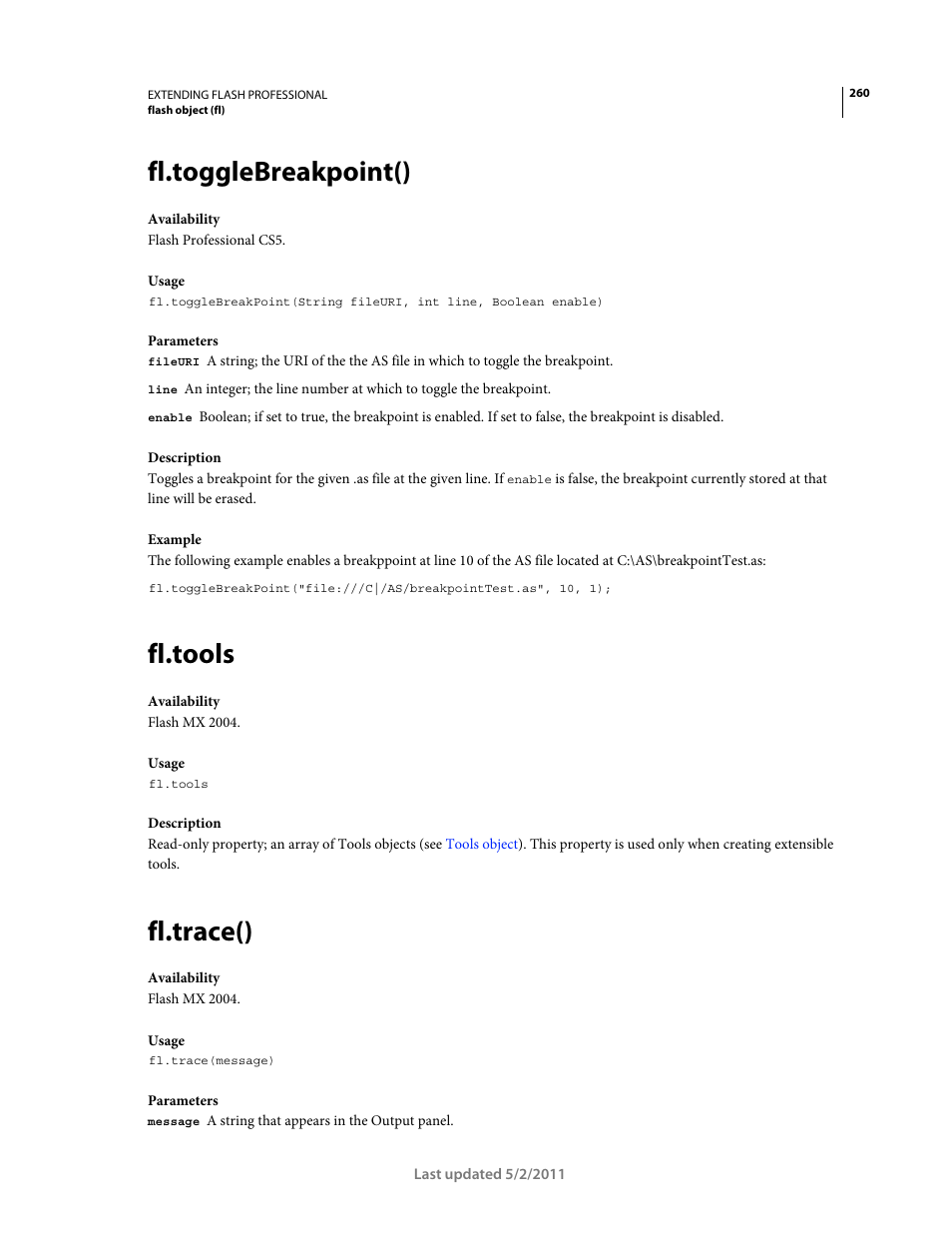 Fl.togglebreakpoint(), Fl.tools, Fl.trace() | Adobe Extending Flash Professional CS5 User Manual | Page 282 / 565