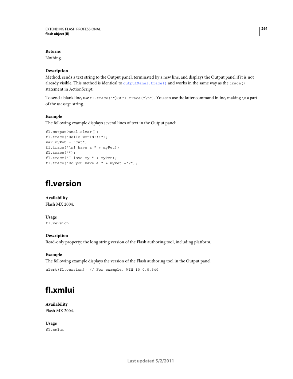 Fl.version, Fl.xmlui | Adobe Extending Flash Professional CS5 User Manual | Page 283 / 565