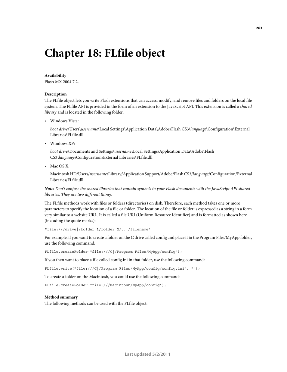 Chapter 18: flfile object, Flfile object | Adobe Extending Flash Professional CS5 User Manual | Page 285 / 565