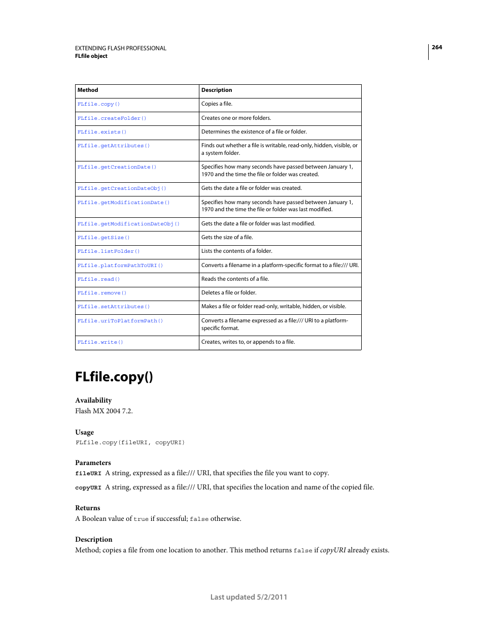 Flfile.copy() | Adobe Extending Flash Professional CS5 User Manual | Page 286 / 565