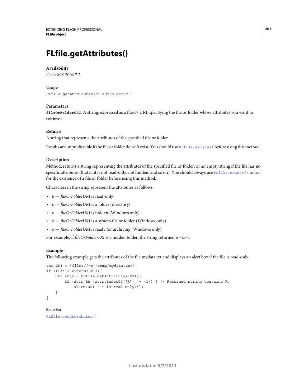 Flfile.getattributes() | Adobe Extending Flash Professional CS5 User Manual | Page 289 / 565