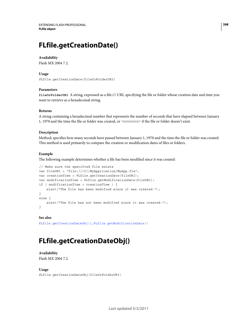 Flfile.getcreationdate(), Flfile.getcreationdateobj() | Adobe Extending Flash Professional CS5 User Manual | Page 290 / 565