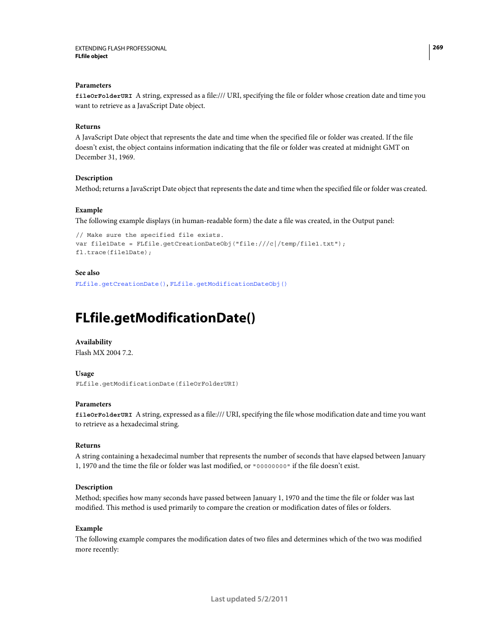 Flfile.getmodificationdate() | Adobe Extending Flash Professional CS5 User Manual | Page 291 / 565