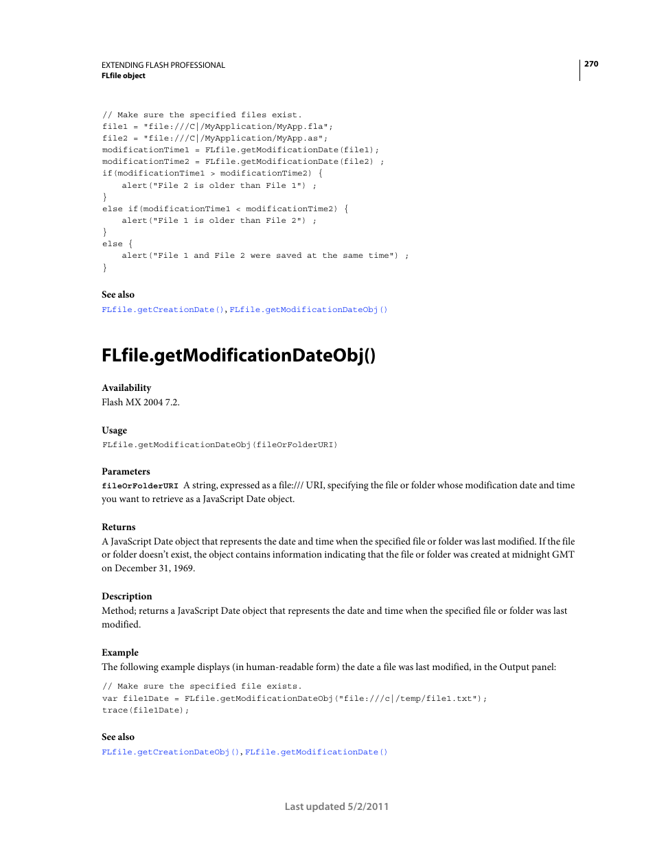 Flfile.getmodificationdateobj() | Adobe Extending Flash Professional CS5 User Manual | Page 292 / 565