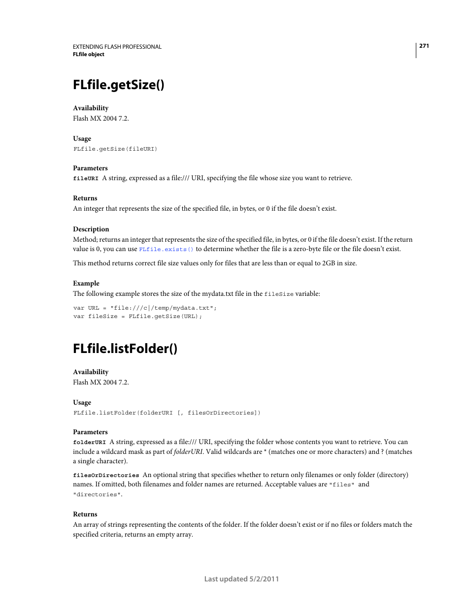 Flfile.getsize(), Flfile.listfolder() | Adobe Extending Flash Professional CS5 User Manual | Page 293 / 565