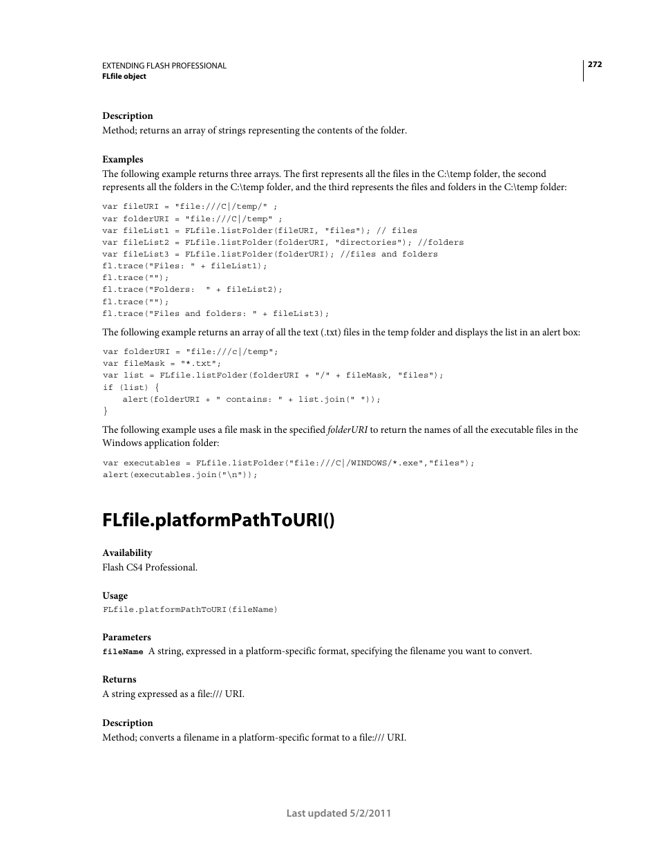 Flfile.platformpathtouri() | Adobe Extending Flash Professional CS5 User Manual | Page 294 / 565