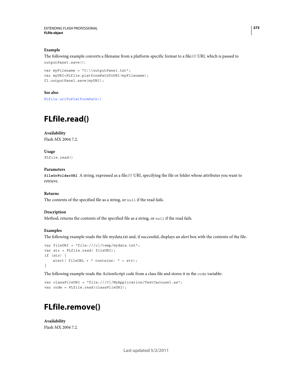 Flfile.read(), Flfile.remove() | Adobe Extending Flash Professional CS5 User Manual | Page 295 / 565