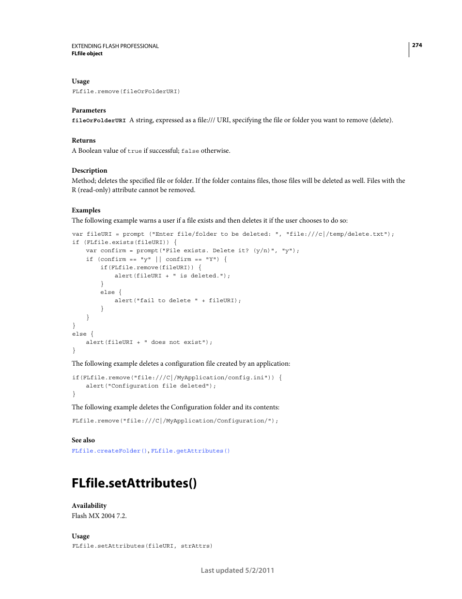 Flfile.setattributes() | Adobe Extending Flash Professional CS5 User Manual | Page 296 / 565