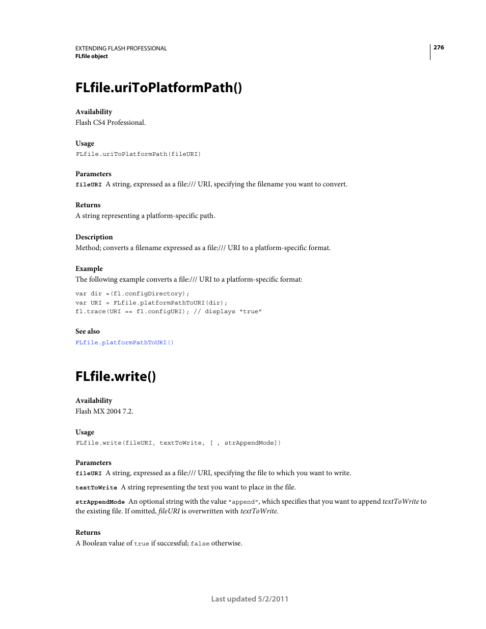 Flfile.uritoplatformpath(), Flfile.write() | Adobe Extending Flash Professional CS5 User Manual | Page 298 / 565