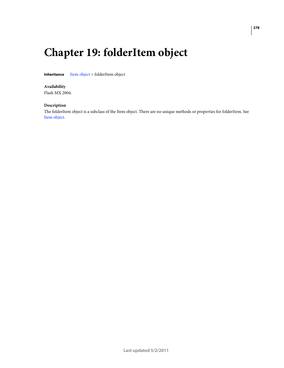 Chapter 19: folderitem object | Adobe Extending Flash Professional CS5 User Manual | Page 300 / 565