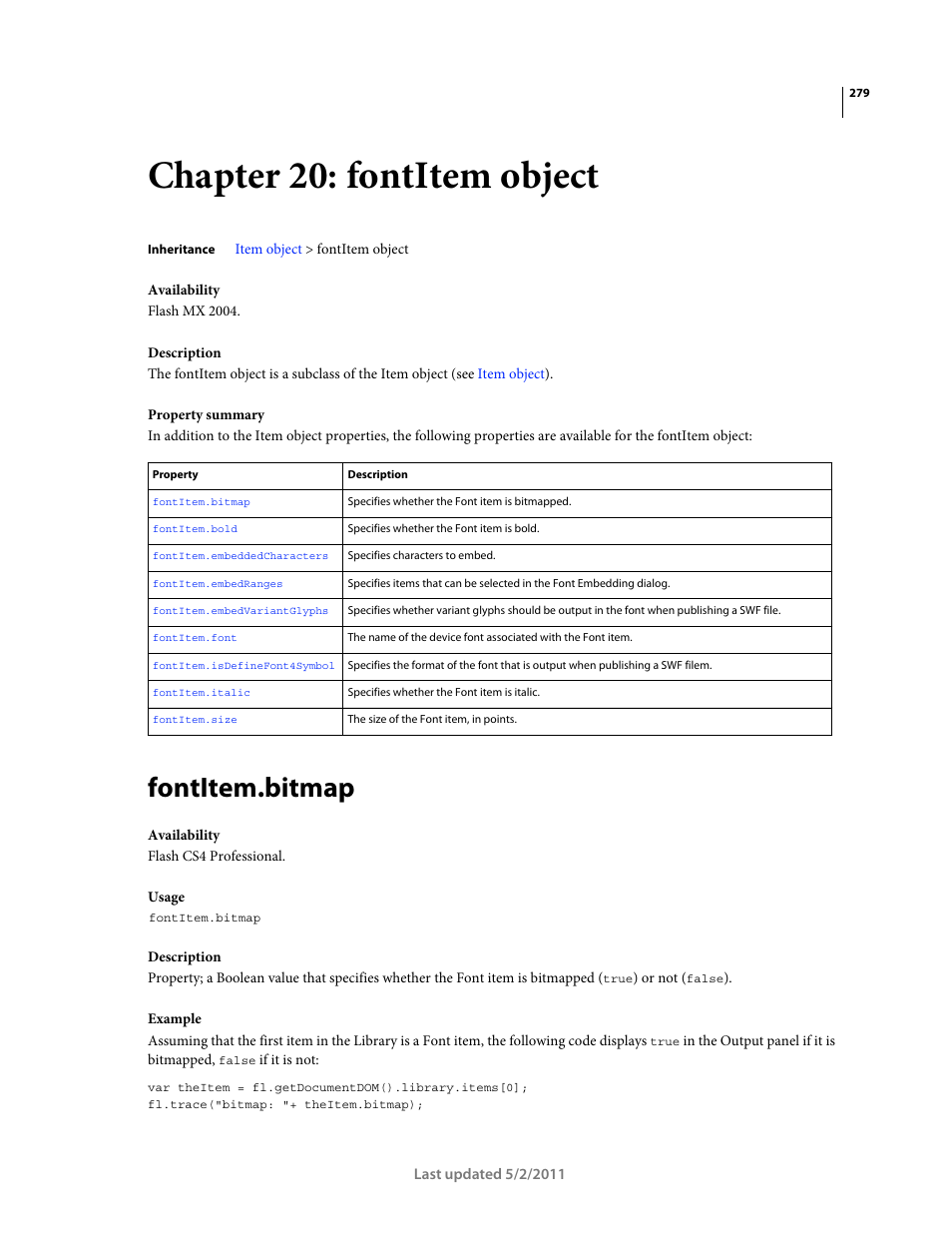 Chapter 20: fontitem object, Fontitem.bitmap | Adobe Extending Flash Professional CS5 User Manual | Page 301 / 565