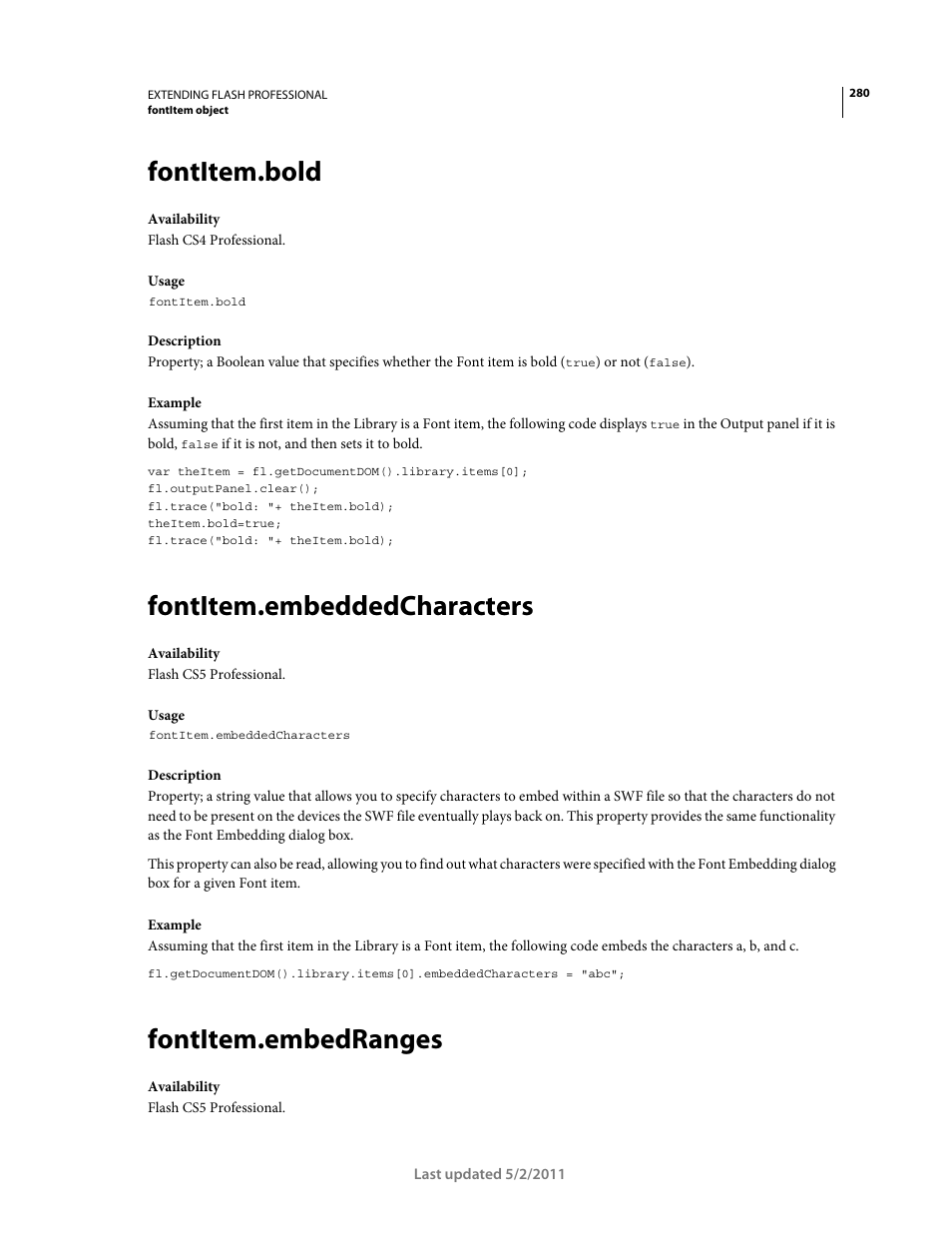 Fontitem.bold, Fontitem.embeddedcharacters, Fontitem.embedranges | Adobe Extending Flash Professional CS5 User Manual | Page 302 / 565