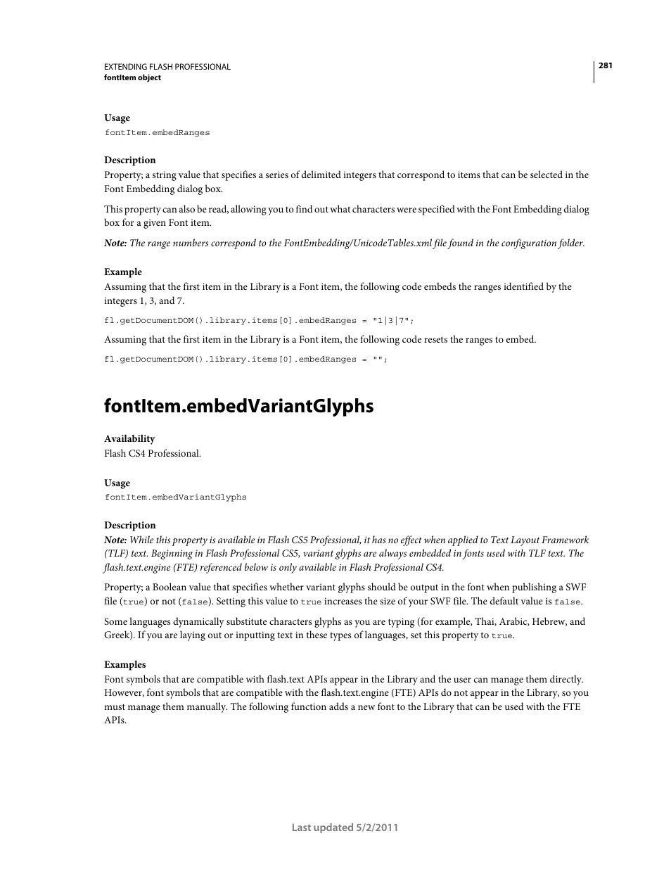 Fontitem.embedvariantglyphs | Adobe Extending Flash Professional CS5 User Manual | Page 303 / 565