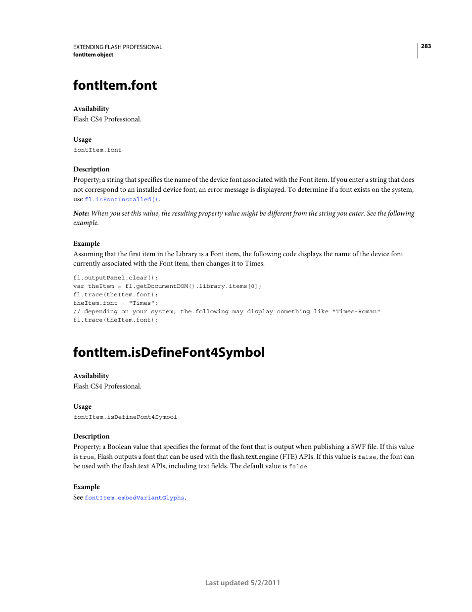 Fontitem.font, Fontitem.isdefinefont4symbol | Adobe Extending Flash Professional CS5 User Manual | Page 305 / 565