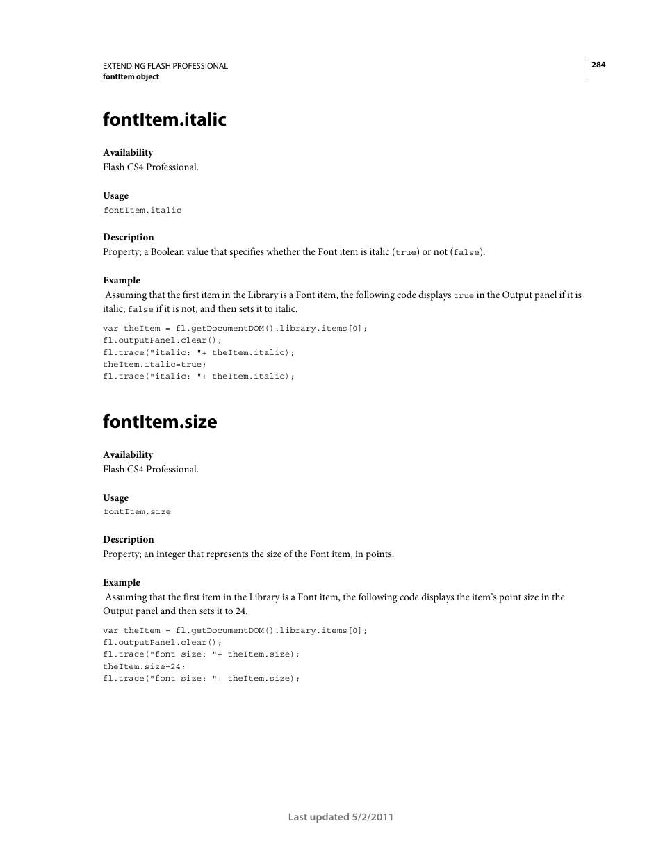 Fontitem.italic, Fontitem.size | Adobe Extending Flash Professional CS5 User Manual | Page 306 / 565