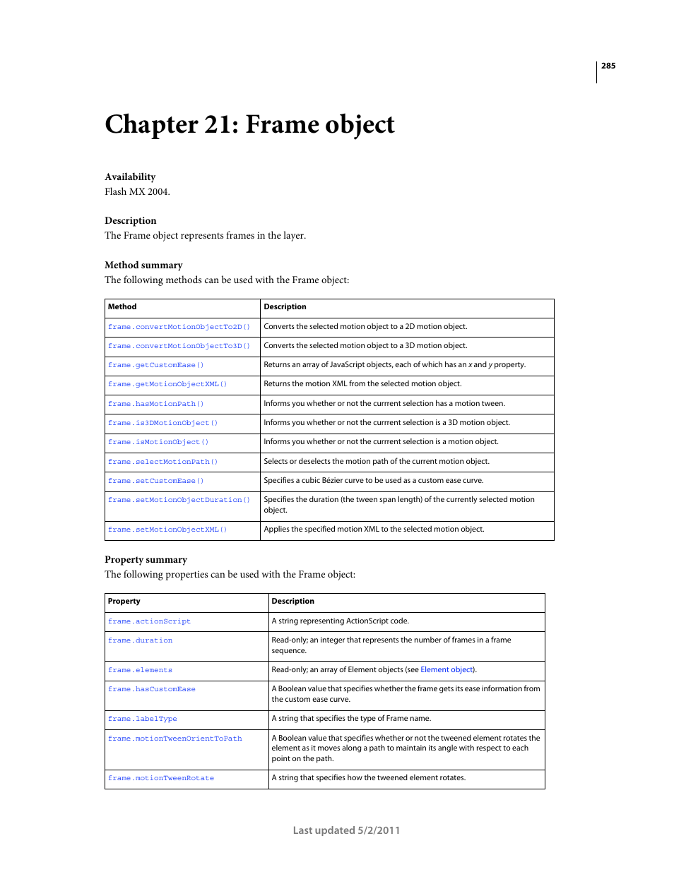 Chapter 21: frame object, Frame object | Adobe Extending Flash Professional CS5 User Manual | Page 307 / 565