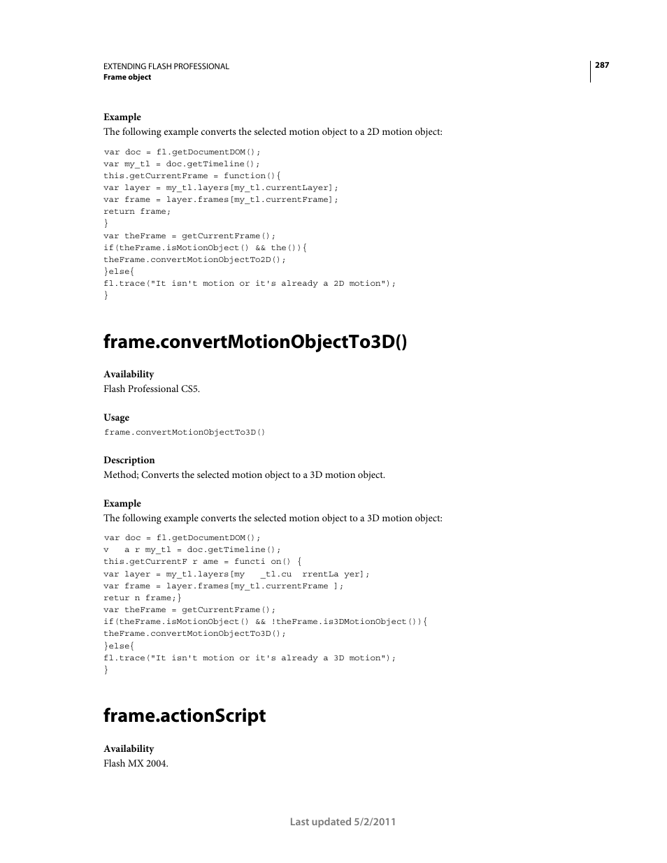 Frame.convertmotionobjectto3d(), Frame.actionscript | Adobe Extending Flash Professional CS5 User Manual | Page 309 / 565