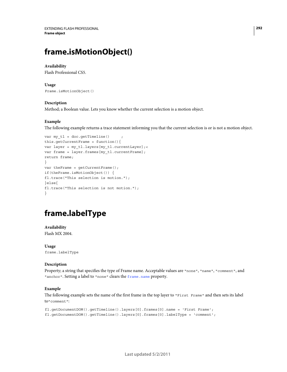 Frame.ismotionobject(), Frame.labeltype | Adobe Extending Flash Professional CS5 User Manual | Page 314 / 565