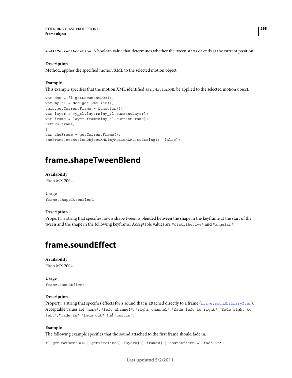 Frame.shapetweenblend, Frame.soundeffect | Adobe Extending Flash Professional CS5 User Manual | Page 320 / 565