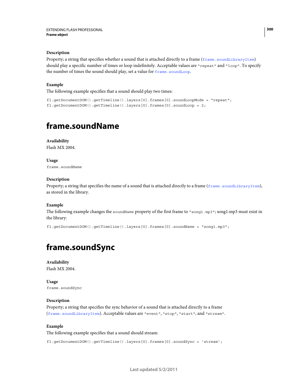 Frame.soundname, Frame.soundsync | Adobe Extending Flash Professional CS5 User Manual | Page 322 / 565