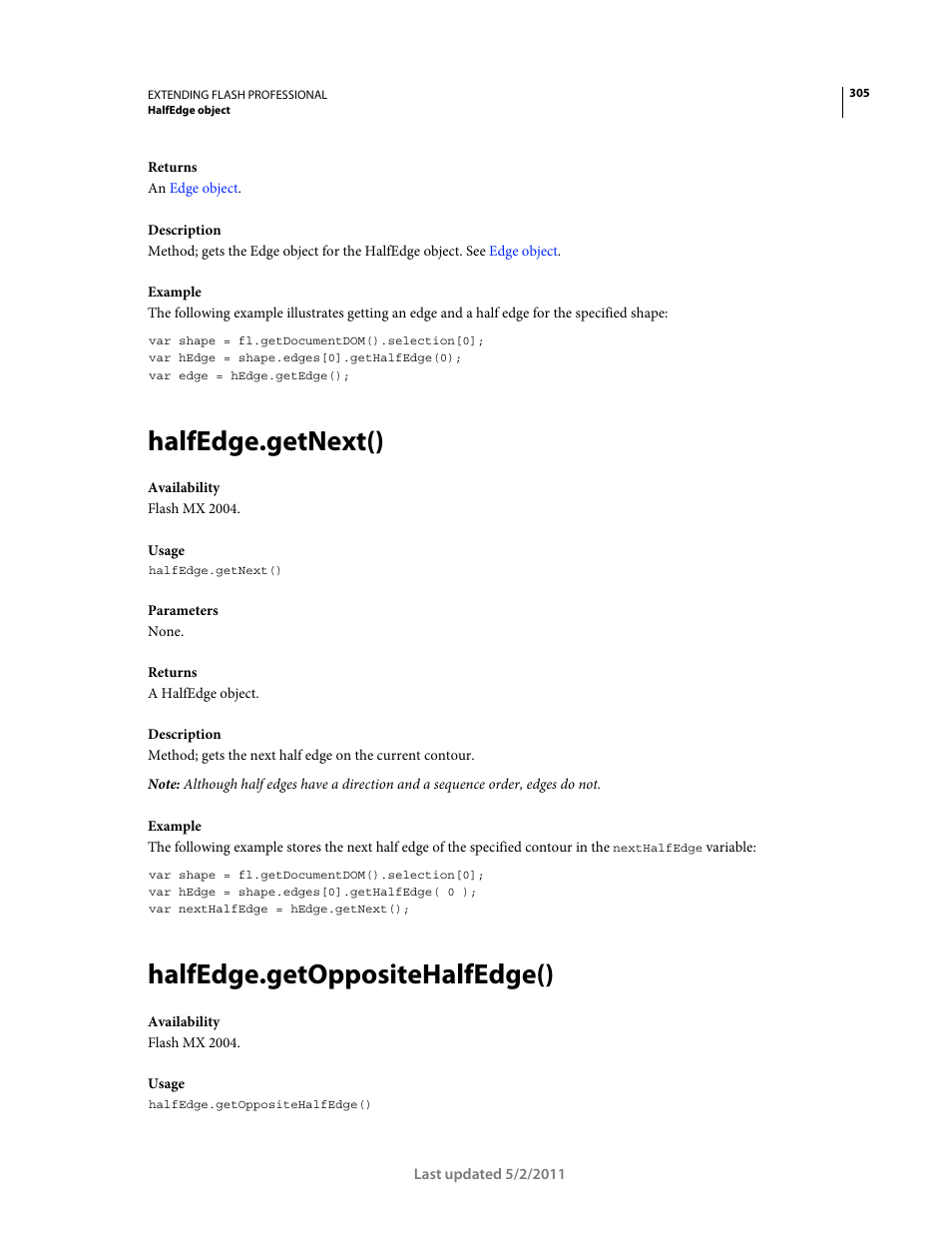 Halfedge.getnext(), Halfedge.getoppositehalfedge() | Adobe Extending Flash Professional CS5 User Manual | Page 327 / 565