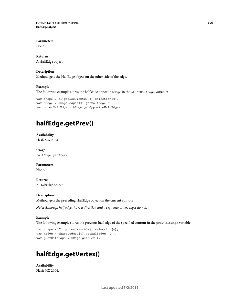 Halfedge.getprev(), Halfedge.getvertex() | Adobe Extending Flash Professional CS5 User Manual | Page 328 / 565