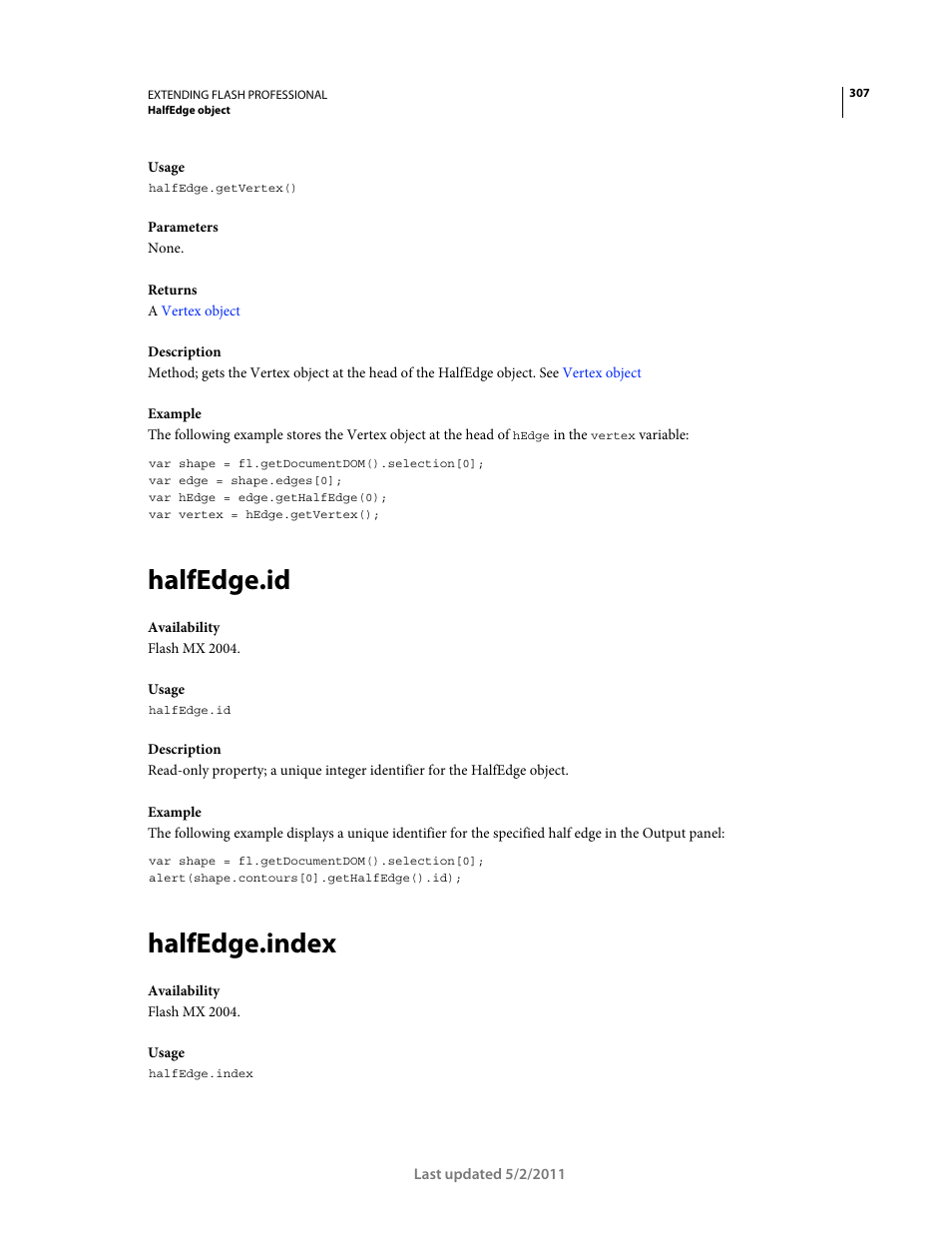 Halfedge.id, Halfedge.index | Adobe Extending Flash Professional CS5 User Manual | Page 329 / 565