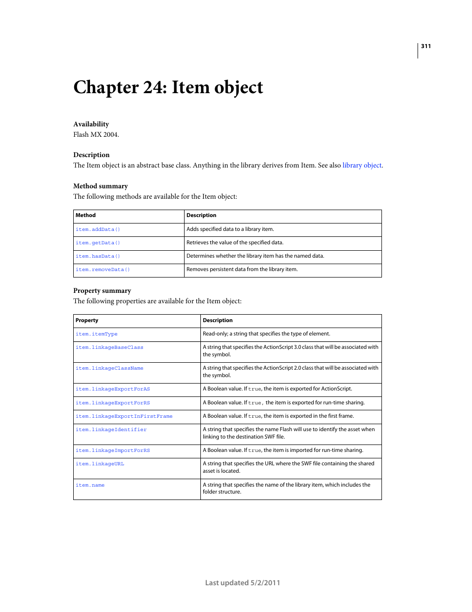 Chapter 24: item object, Item object | Adobe Extending Flash Professional CS5 User Manual | Page 333 / 565