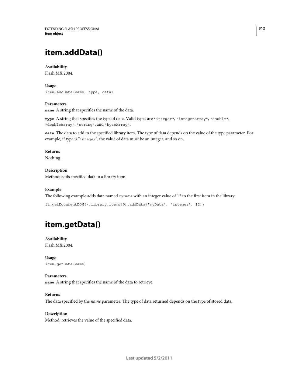Item.adddata(), Item.getdata() | Adobe Extending Flash Professional CS5 User Manual | Page 334 / 565