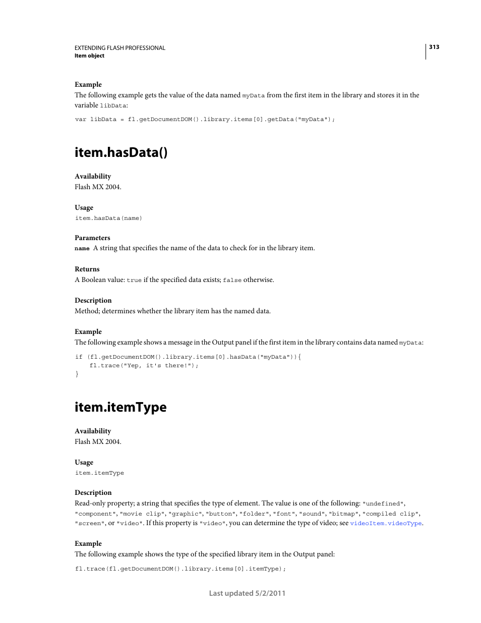 Item.hasdata(), Item.itemtype | Adobe Extending Flash Professional CS5 User Manual | Page 335 / 565