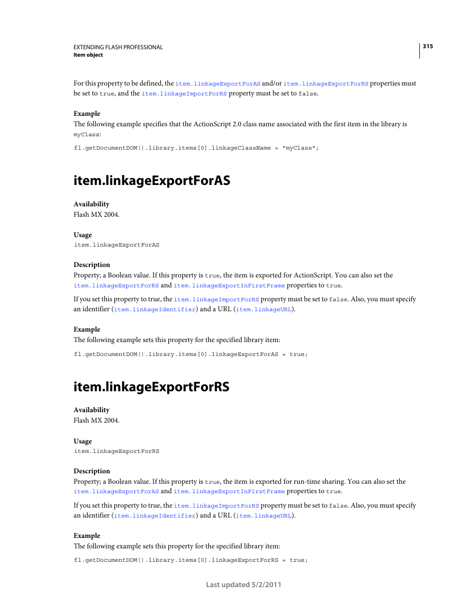 Item.linkageexportforas, Item.linkageexportforrs | Adobe Extending Flash Professional CS5 User Manual | Page 337 / 565