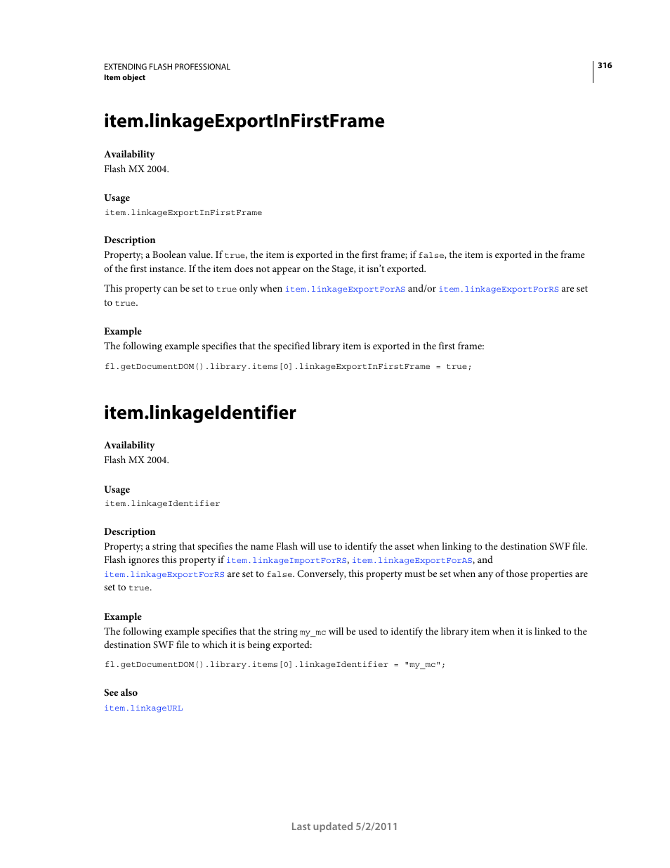 Item.linkageexportinfirstframe, Item.linkageidentifier, Properties to | An identifier, And a url | Adobe Extending Flash Professional CS5 User Manual | Page 338 / 565