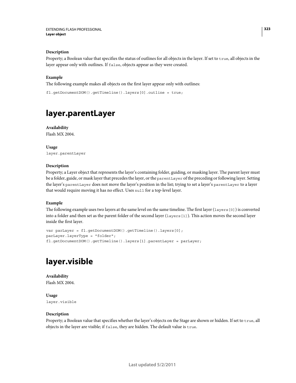 Layer.parentlayer, Layer.visible | Adobe Extending Flash Professional CS5 User Manual | Page 345 / 565