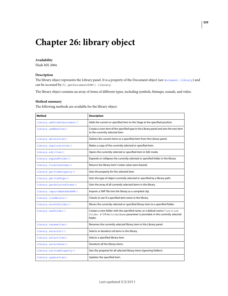 Chapter 26: library object, Library object, Read-only; the | For a document, Read-only property; the | Adobe Extending Flash Professional CS5 User Manual | Page 347 / 565