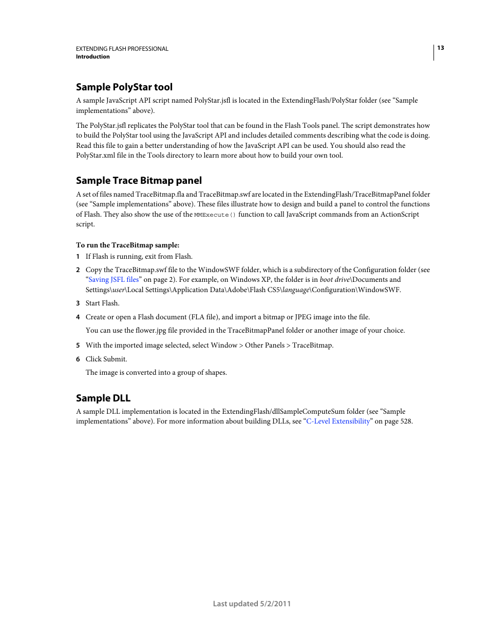 Sample polystar tool, Sample trace bitmap panel, Sample dll | Adobe Extending Flash Professional CS5 User Manual | Page 35 / 565