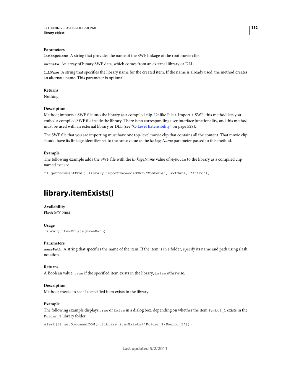 Library.itemexists() | Adobe Extending Flash Professional CS5 User Manual | Page 354 / 565