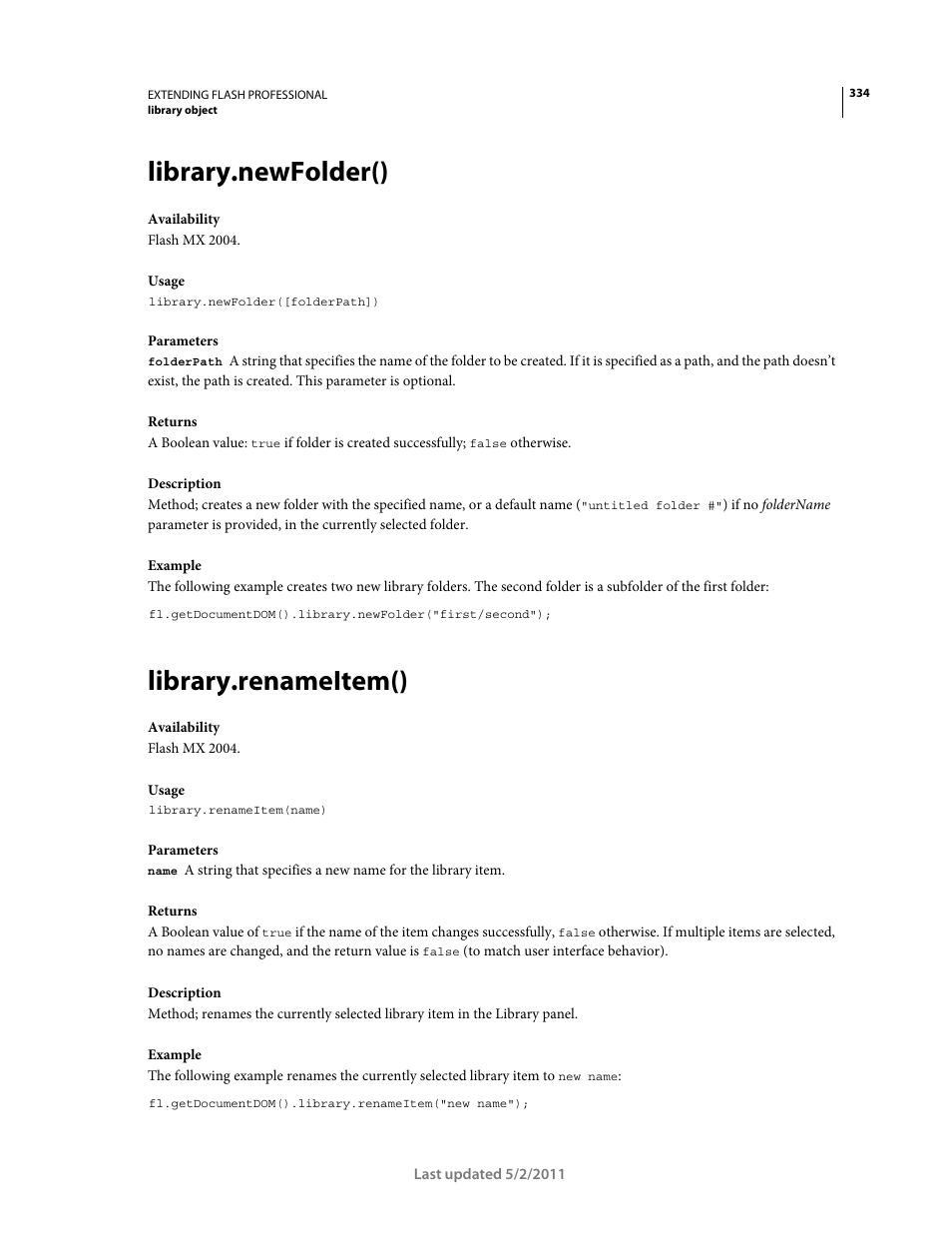 Library.newfolder(), Library.renameitem() | Adobe Extending Flash Professional CS5 User Manual | Page 356 / 565