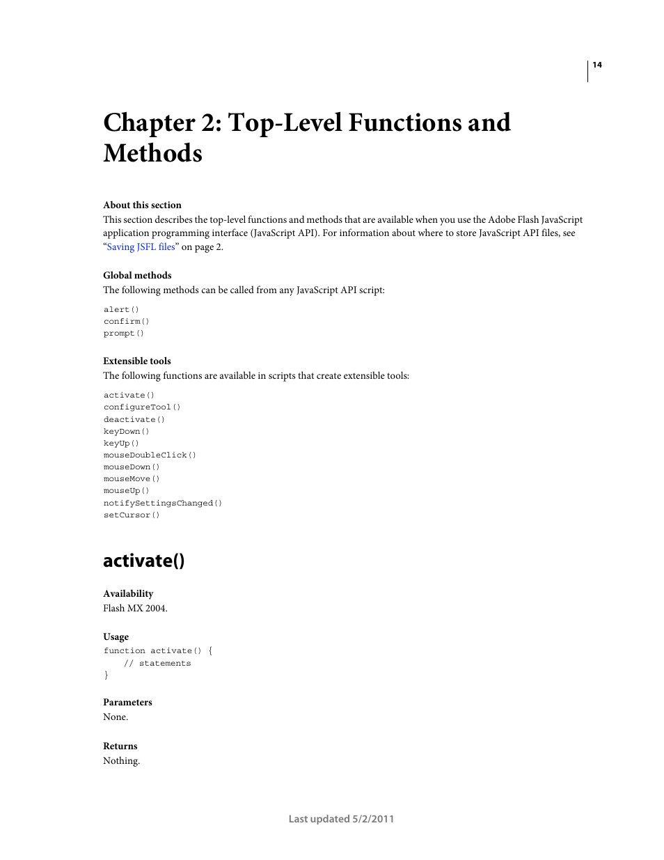 Chapter 2: top-level functions and methods, Activate(), Top-level functions and methods | Adobe Extending Flash Professional CS5 User Manual | Page 36 / 565